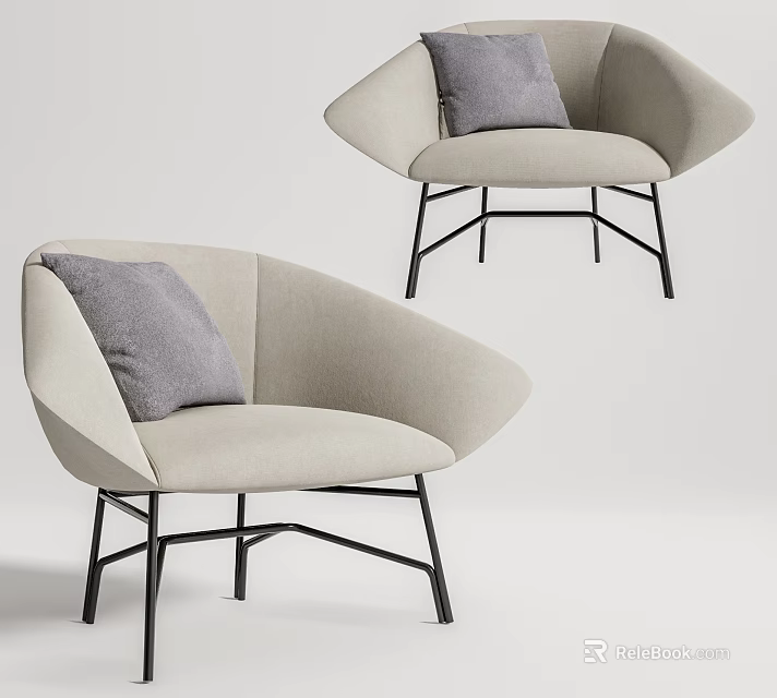 Modern Minimalist Accent Chair with Beige Fabric Upholstery Gray Cushion and Black Metal Frame 3d model 