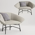 Modern Minimalist Accent Chair with Beige Fabric Upholstery Gray Cushion and Black Metal Frame