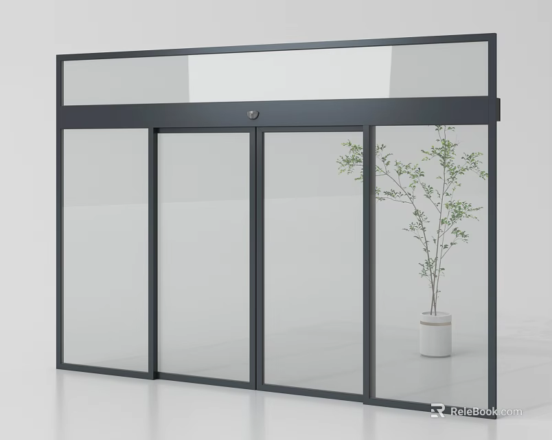Sliding Door with Glass Panels and Black Frame in Modern Interior with Potted Plant 3d model 