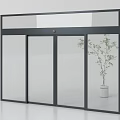 Sliding Door with Glass Panels and Black Frame in Modern Interior with Potted Plant