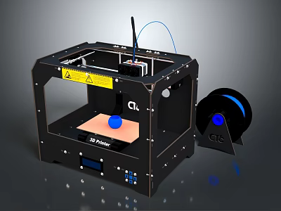 3D Printer Setup With Blue Filament Spool And Printed Blue Object 3d model