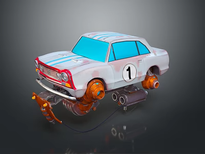 Cartoon Style White Car With Blue Windows Red Stripes Number 1 And Orange Mechanical Wheels 3d model