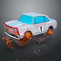 Cartoon Style White Car With Blue Windows Red Stripes Number 1 And Orange Mechanical Wheels