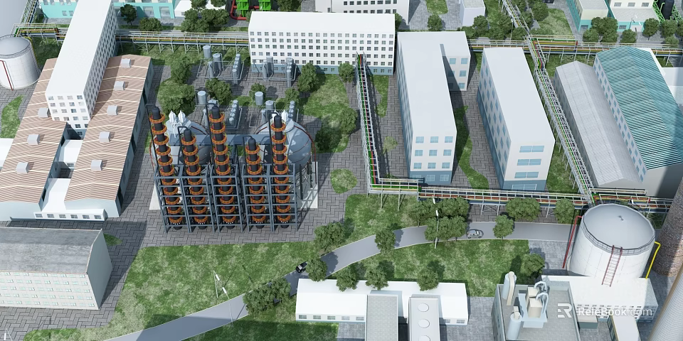 Industrial Factory Aerial View With Tall Structures Green Lawns Trees And Roads 3d model 