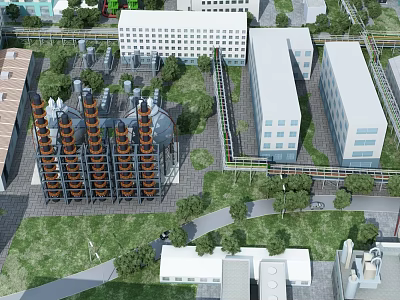 Industrial Factory Aerial View With Tall Structures Green Lawns Trees And Roads 3d model