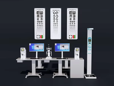 Professional Medical Optometry Equipment With Visual Acuity Charts Examination Tables And Computer Screens 3d model