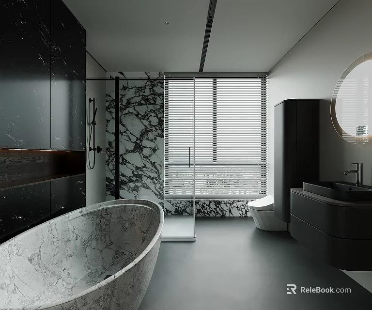 Modern Luxury Bathroom with Black Marble Freestanding Bathtub Glass Shower Toilet Vanity and Window Blinds 3d model 