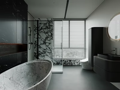 Modern Luxury Bathroom with Black Marble Freestanding Bathtub Glass Shower Toilet Vanity and Window Blinds 3d model