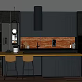 Modern Kitchen Interior Design With Dark Cabinets Wooden Countertop Bar Stools And Pendant Lights