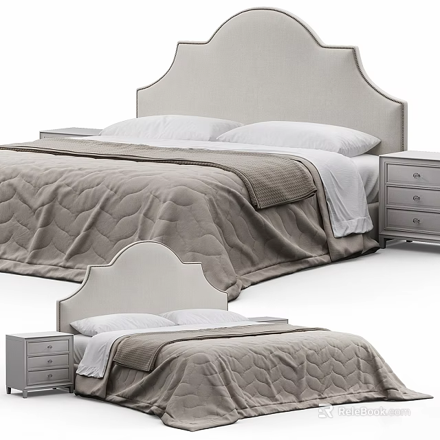 Double Bed With Upholstered Headboard White Pillows Soft Quilt And Wooden Nightstand 3d model 