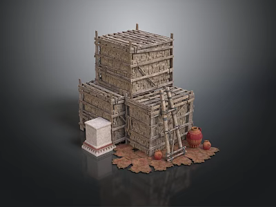 Rustic Stacked Wooden Crates Structure With Ladder Clay Pots And Stone Block 3d model