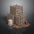Rustic Stacked Wooden Crates Structure With Ladder Clay Pots And Stone Block