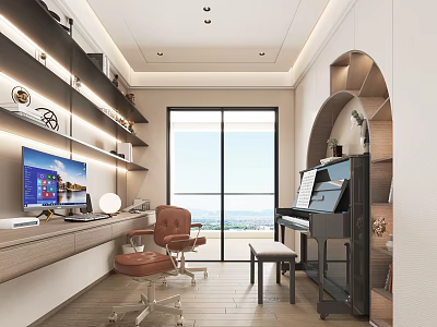 Modern Piano Room Interior With Piano Bench Desk And Large Window 3d model