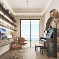 Modern Piano Room Interior With Piano Bench Desk And Large Window