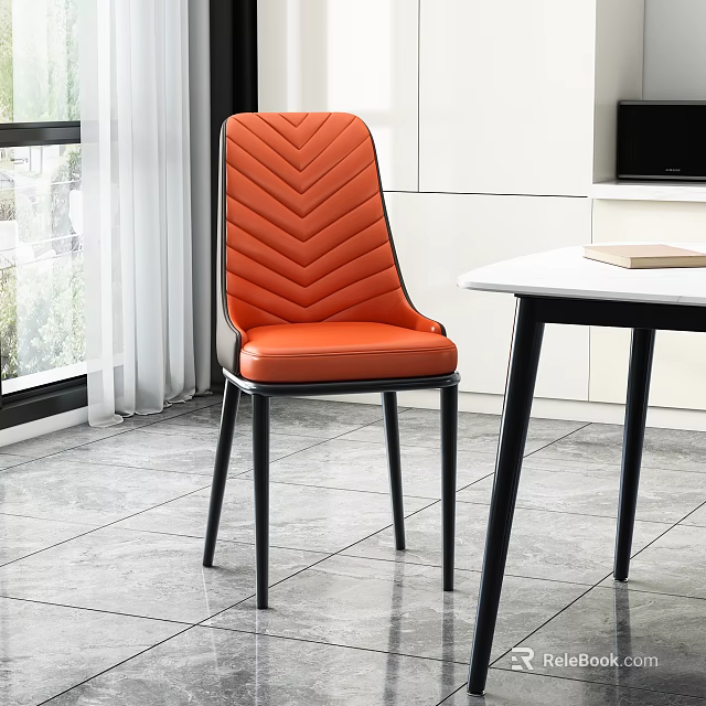 Modern Orange Dining Chair With Chevron Patterned Backrest Leather Seat And Black Legs 3d model 