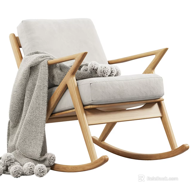 Cozy Wooden Rocking Chair With Light Gray Cushion And Pom Pom Blanket 3d model 