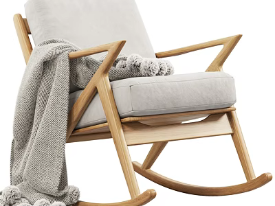 Cozy Wooden Rocking Chair With Light Gray Cushion And Pom Pom Blanket 3d model