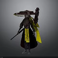 Eastern Style Warrior Character Wearing Large Hat With Yellow Sash And Weapon