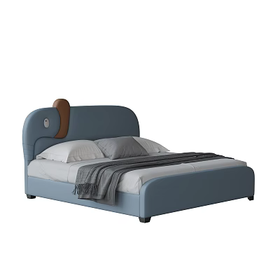 Blue Upholstered Kids Bed With Brown Decorative Headboard And Soft Bedding 3d model