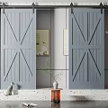 Gray Barn Doors With Crossed Panel Design In Modern Interior With Side Table And Plants
