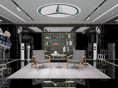 D Glass Modern Interior Space With Shelves Two Chairs Table Speakers Rug And Ceiling Logo 3d model