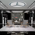 D Glass Modern Interior Space With Shelves Two Chairs Table Speakers Rug And Ceiling Logo