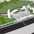 Scenic Park Landscape with Winding Pathways Green Slopes Colorful Trees and White Architectural Structures