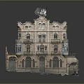 Detailed Multi Story Brick Building Model with Decorative Windows and Flying Bird on Roof