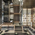 Modern Cafe Interior Design With Large Windows Bar Counter Bar Stools And Chandelier