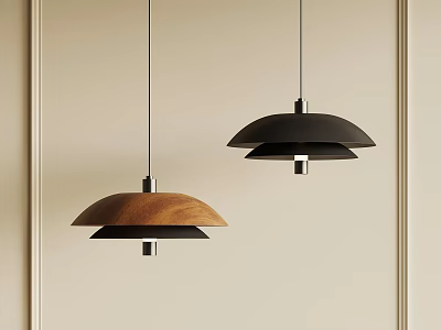 Modern Minimalist Pendant Lights With Wooden And Black Layered Design Hanging On Neutral Wall 3d model