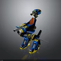Blue And Yellow Lego Robot Model With Mechanical Legs Cannon And Spear