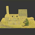 Ancient Stone Building Model With Church Tower Blue And Small Orange Roofs Green Grass Trees