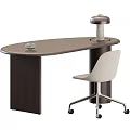 Modern Oval Shaped Dark Brown Wooden Office Desk With Desk Lamp And Beige Rolling Chair