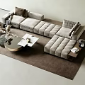 Modern Light Colored Sofa And Coffee Table Set With Ottoman Cushions And Area Rug