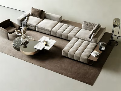 Modern Light Colored Sofa And Coffee Table Set With Ottoman Cushions And Area Rug 3d model