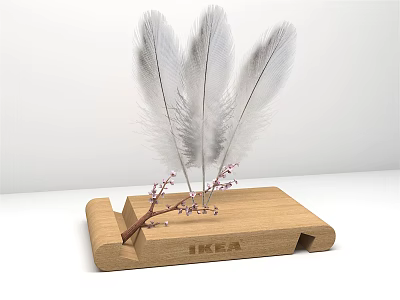 Elegant Decorative Ornament Set With Wooden Base Three Feathers And Small Flower Branch 3d model