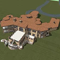Single Family Villa With Red Tile Roof Curved Design Winding Driveway And Green Lawn