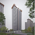 Modern High Rise Residential Building Exterior With Green Trees Under Clear Blue Sky