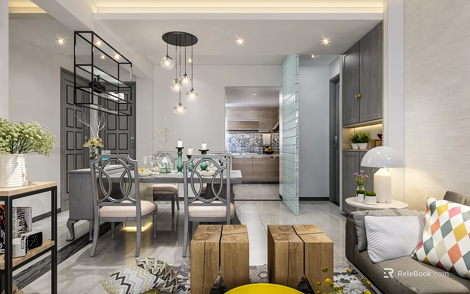 Modern Restaurant Interior With Open Layout Dining Table Chairs And Pendant Lights 3d model 