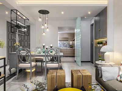 Modern Restaurant Interior With Open Layout Dining Table Chairs And Pendant Lights 3d model
