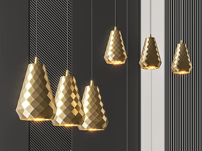Golden Geometric Pendant Lights with Diamond Pattern Hanging in Modern Interior 3d model