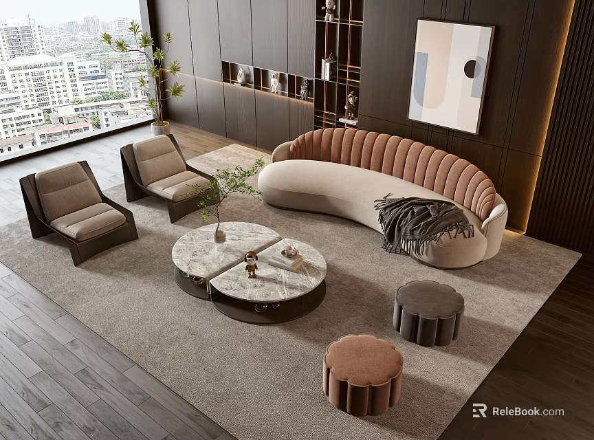 Elegant Modern Curved Sofa With Round Coffee Table Set And Velvet Stools In Living Room 3d model 