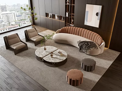 Elegant Modern Curved Sofa With Round Coffee Table Set And Velvet Stools In Living Room 3d model