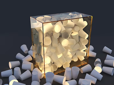 Transparent Cube Box Filled With Illuminated White Cylindrical Objects Scattered Around 3d model