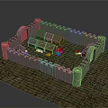 Ancient Stone Fortress Model With Enclosed Walls And Wooden Benches On Cracked Earth