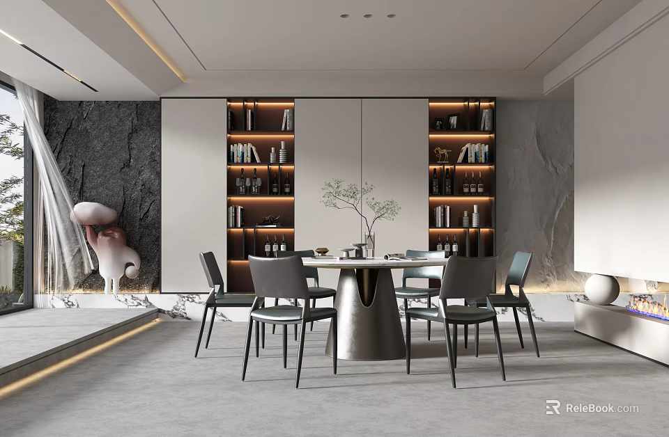 Modern Restaurant Interior Design With Dining Table Chairs Wine Racks And Marble Wall Lighting 3d model