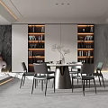 Modern Restaurant Interior Design With Dining Table Chairs Wine Racks And Marble Wall Lighting 3d model