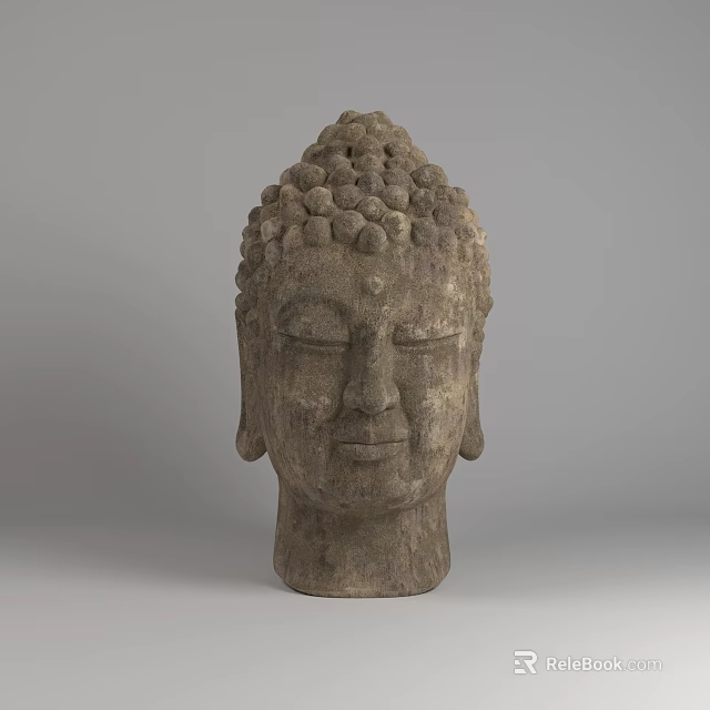 Ancient Style Hand Carved Buddha Head Stone Sculpture with Intricate Texture 3d model