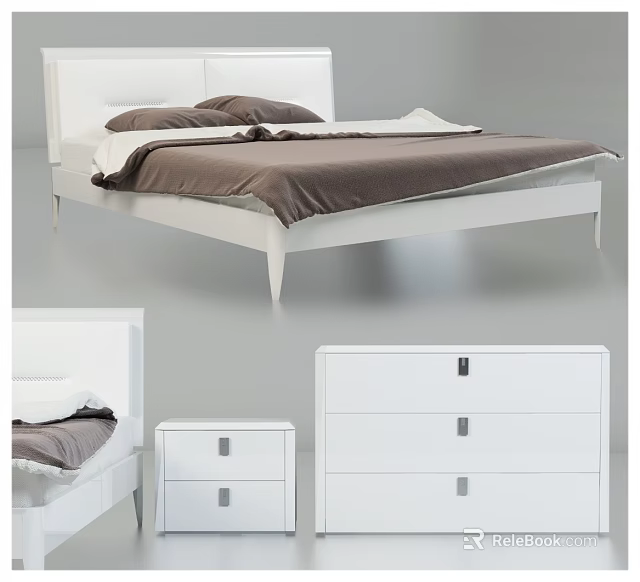 Modern White Double Bed with Brown Bedding and Matching Nightstand Dresser 3d model 