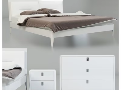 Modern White Double Bed with Brown Bedding and Matching Nightstand Dresser 3d model